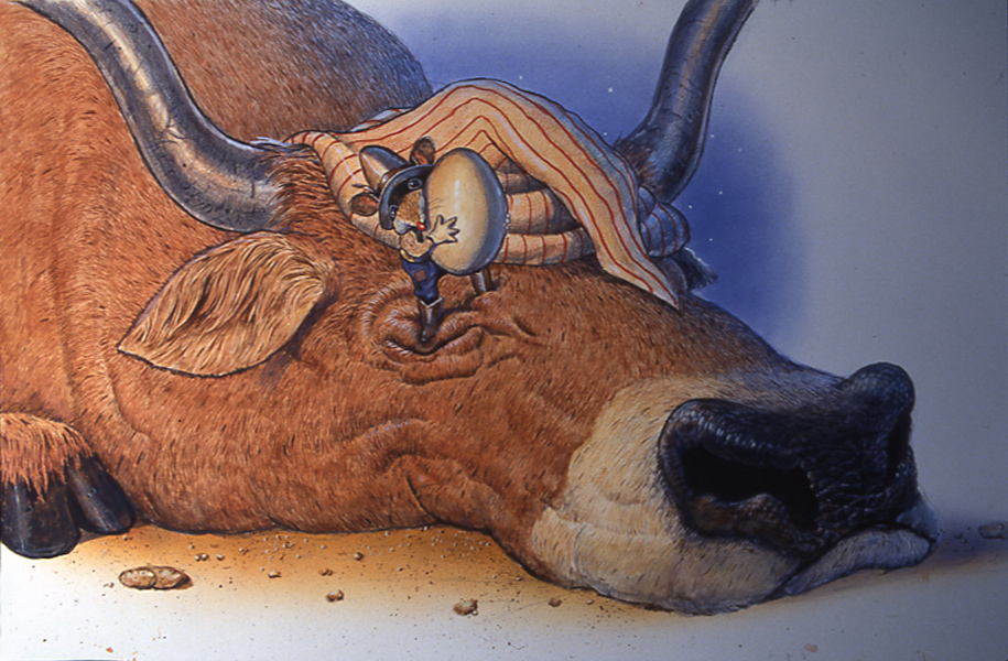 Art:  Sleeping Ox and Packrat watercolor painting